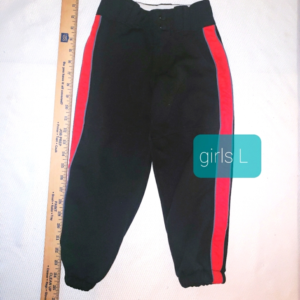 Girls softball pants, black with red stripe